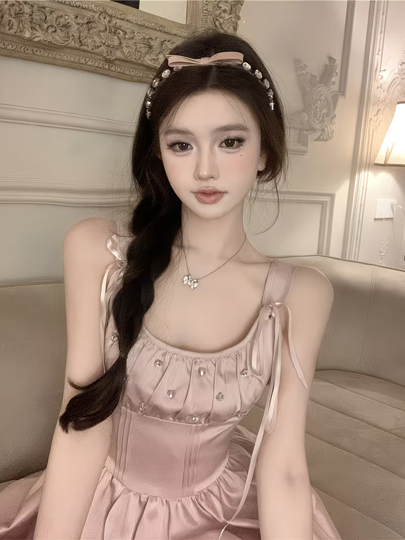 Women's Summer Dress with Budding Floral Pattern, Iridescent Tie-Up Spaghetti Suspender Dress
