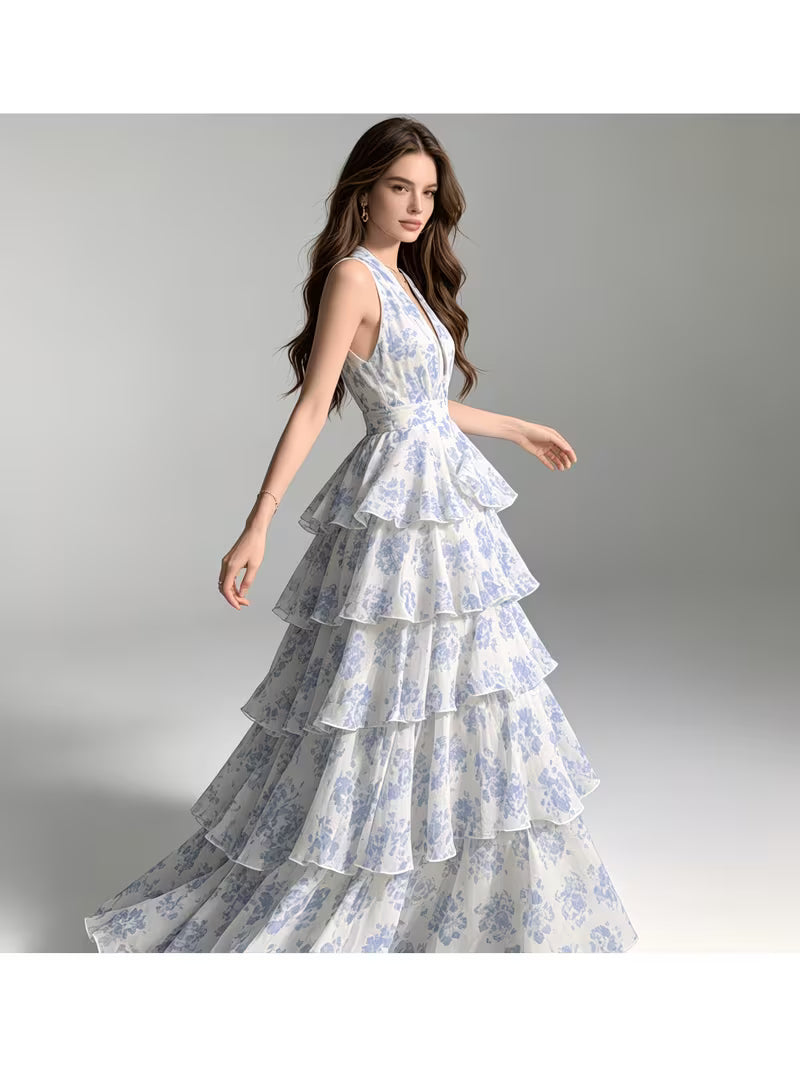 French Vintage Floral Print Maxi Dress for Women Summer Beach Vacation Cottagecore Elegant V Neck High Waist Tiered Ruffle Long Dresses
