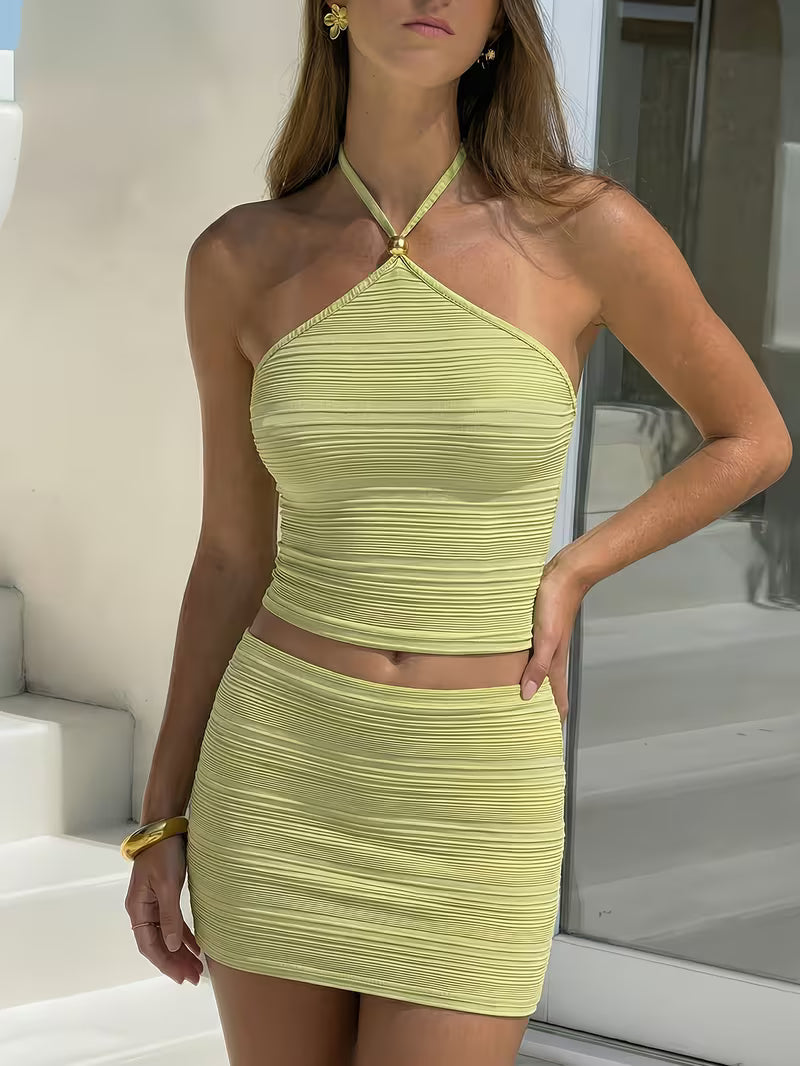 Summer Sexy 2pcs Set: Beaded Backless Top And Tight Mini Skirt, Suitable for Vacation, Dates, And Daily Wear