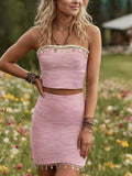 Women's Fashion Vacation Casual Sexy Slim Fit Fringe Lace Sequin Crop Top and Hip-Wrapping Mini Skirt Two-Piece Set