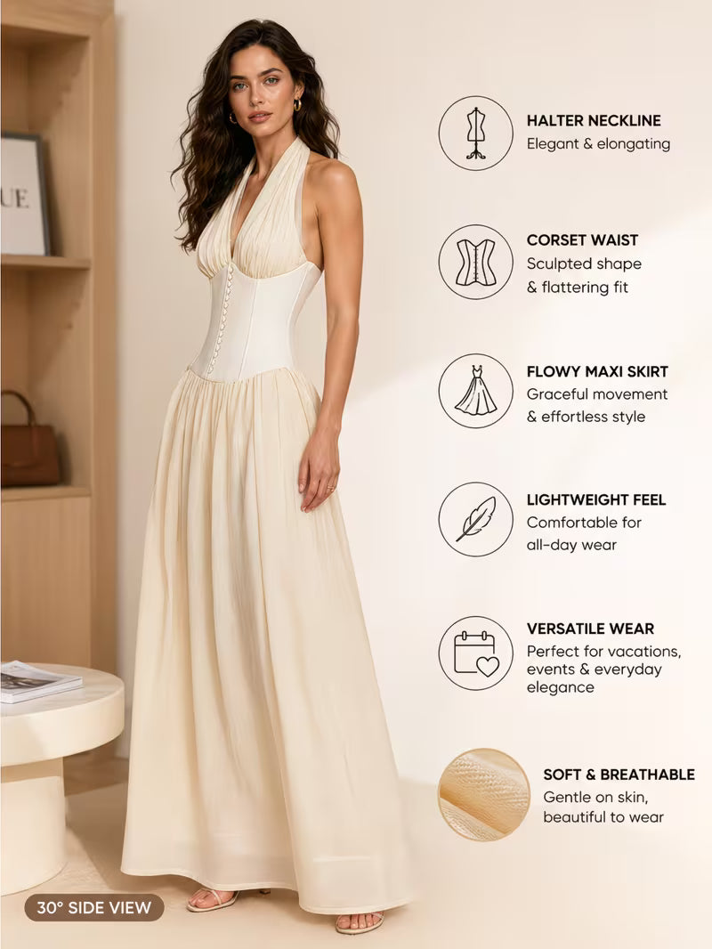 Women's  Halter Sleeveless High Waist Maxi Dress with Mesh Splicing & Wrinkle-Friendly Fabric - Elegant Collarbone Dress