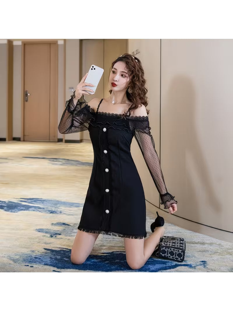 Elegant Long-Sleeve Mesh Panel One-Shoulder Bodycon Dress - Unique Design