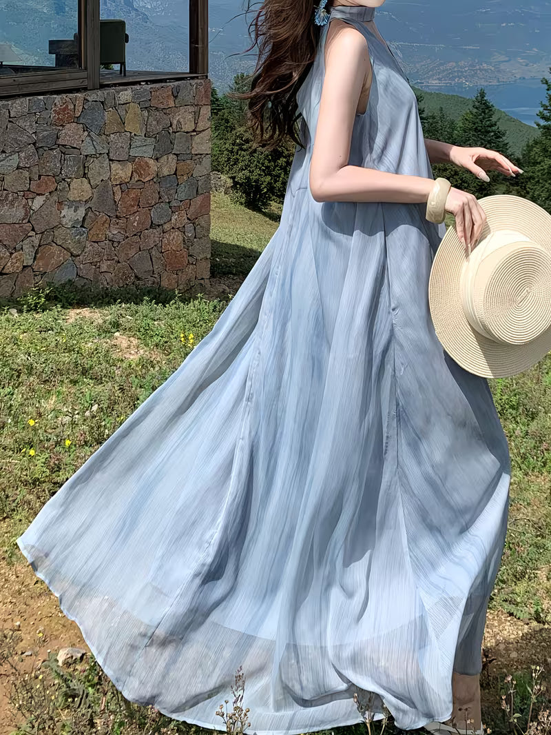 Elegant Halter Neck Sleeveless A-Line Dress | Blue Printed, Backless, Loose Fit