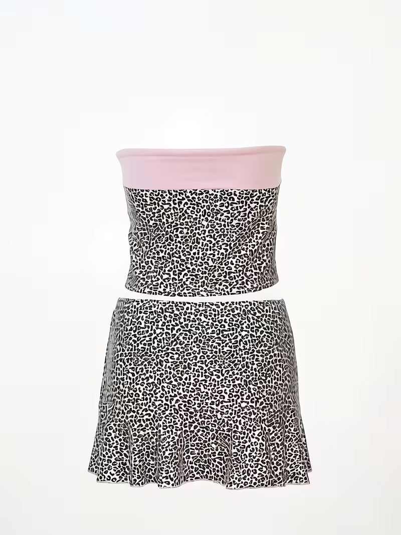 Summer New Sweet And Spicy Color-Blocking One-Shoulder Navel-Baring Tube Top Animal Print Short Skirt Two-Piece Set