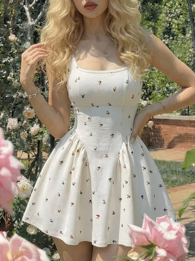 Women's Summer Mini Dress with Floral Print, Fitted Waist and Bow Tie at the Back