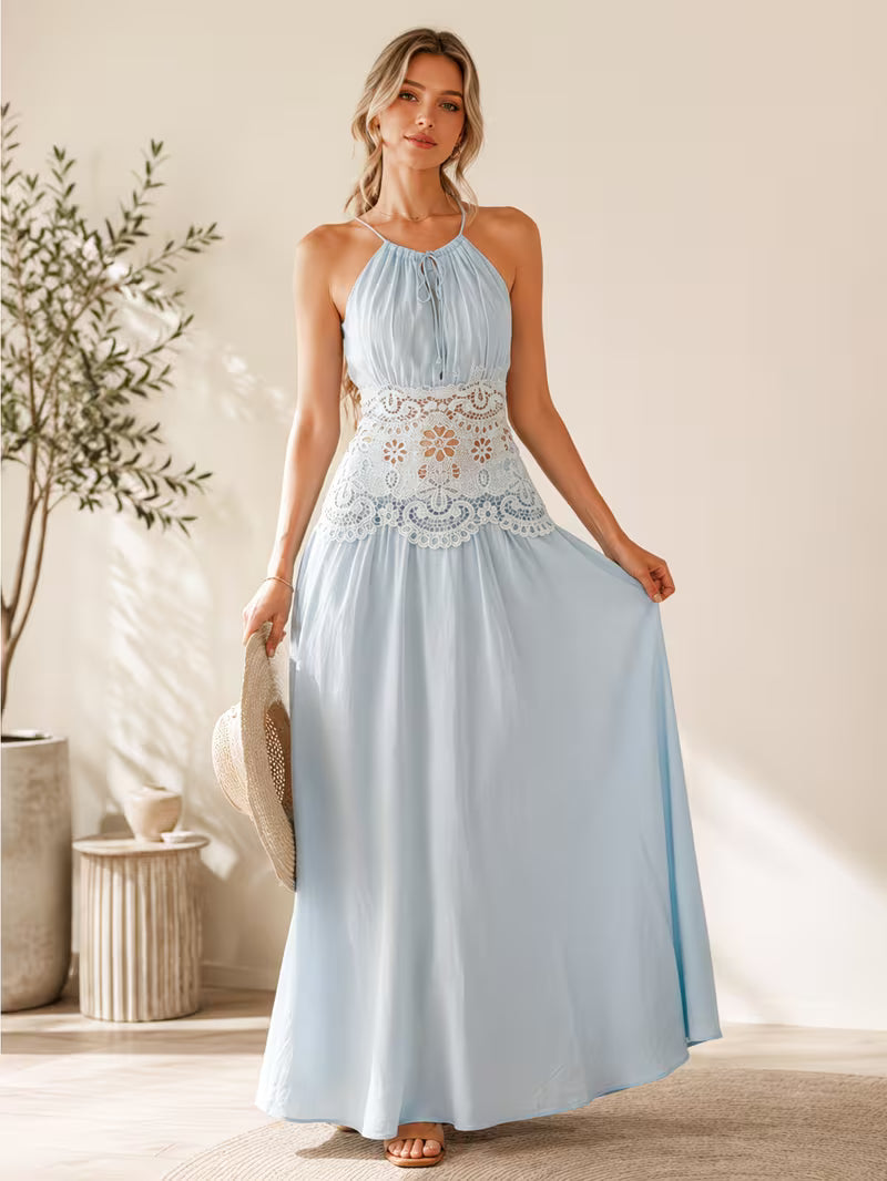 Women Halter Neck Embroidery Tie-Waist Long Dress, Vacation Essential