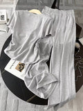 Easy Gray Minimalist Print Casual Set Featuring a Heart Solid Round-Neck Short-Sleeved Top And an Elastic Waist Wide-Leg Pants 2pcs Set