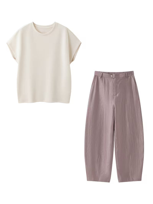 2pcs New Women'S Spring And Summer Pants Suit [Daily Outing / Short Trip Versatile Two-Piece Set Easy Solid Color T-Shirt + Drape Balloon Pants Cocoon T-Shirt Scimitar Pants Two-Piece Set]