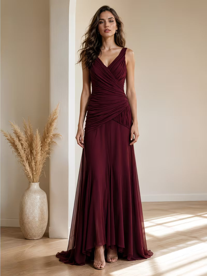 Women V Neck Sleeveless Slim Fit Long Evening Gown, Formal Banquet Dinner Party Dress