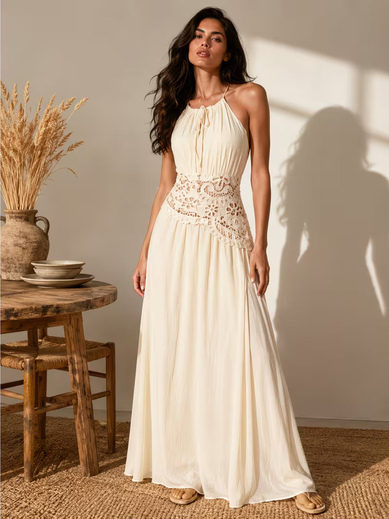 Women Halter Neck Embroidery Tie-Waist Long Dress, Vacation Essential