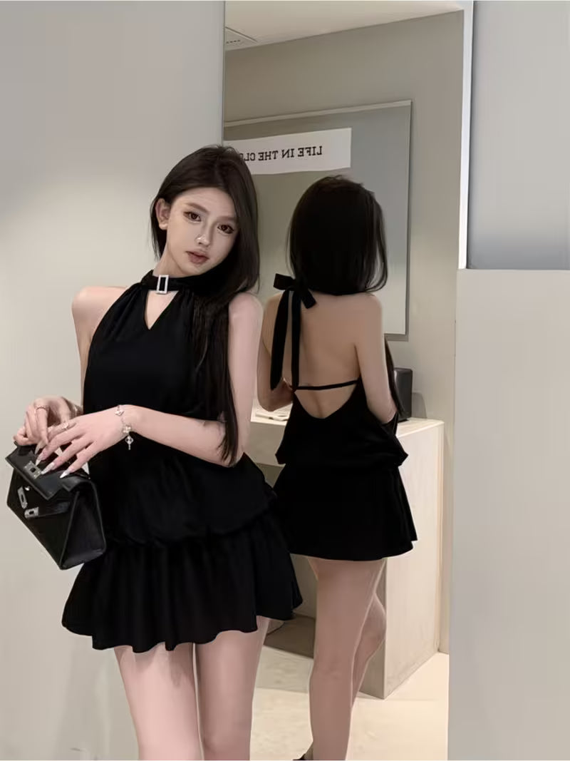 White Halter Backless Mini Dress for Women Summer High Waist Design Slim Fit Dress