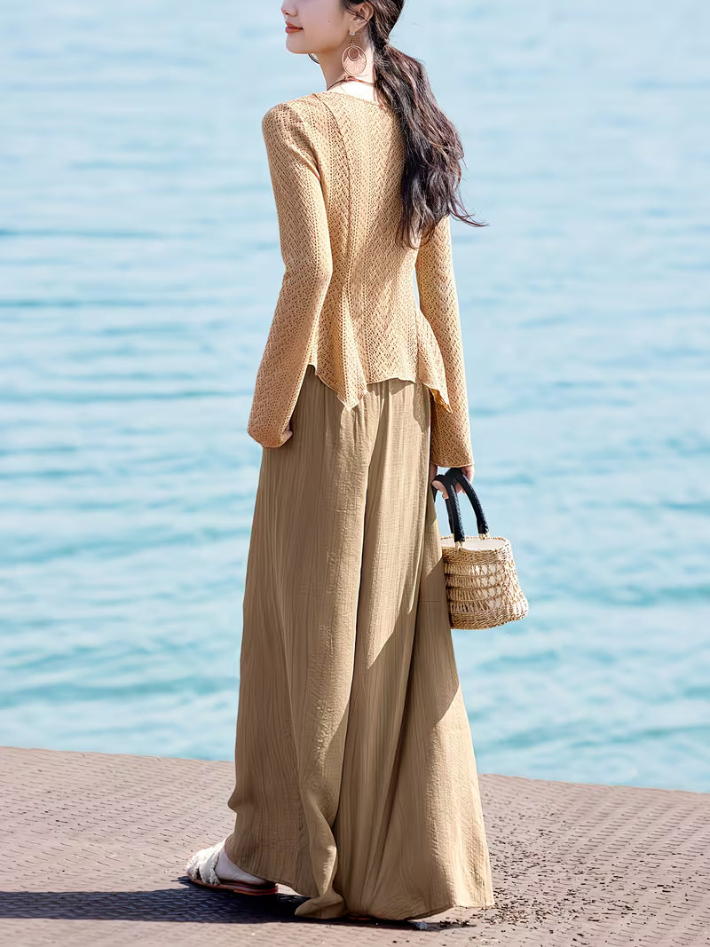 Cardigan + Long Pants, New Summer Women's Pants Suit, Light Oxygen Set, Daily Commute Office Wear, Spring/Summer New Women's Clothing, Elegant Bell Sleeve Irregular Waist-Cinching Top with Draping Wide-Leg Pants in Ombre Color