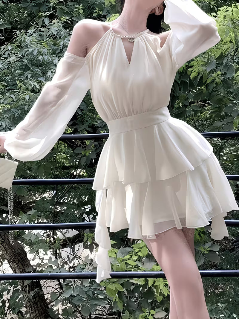Ladies' Light Luxury Atmosphere, Apricot White Hanging Neck Off Shoulder Satin Dress with Diamond Embellishment, V-neck Cinched Waist, Multi-layer Ruffle Edge Irregular Cake Skirt