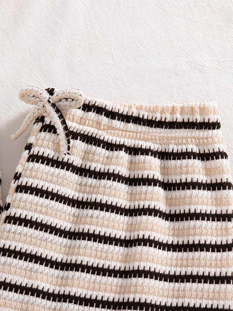 Summer Casual Outfit, Striped Round Neck Short Sleeve Top with Loose Striped Straight-Leg Pants, Brown Striped 2pcs Set, Girls' Daily Wear
