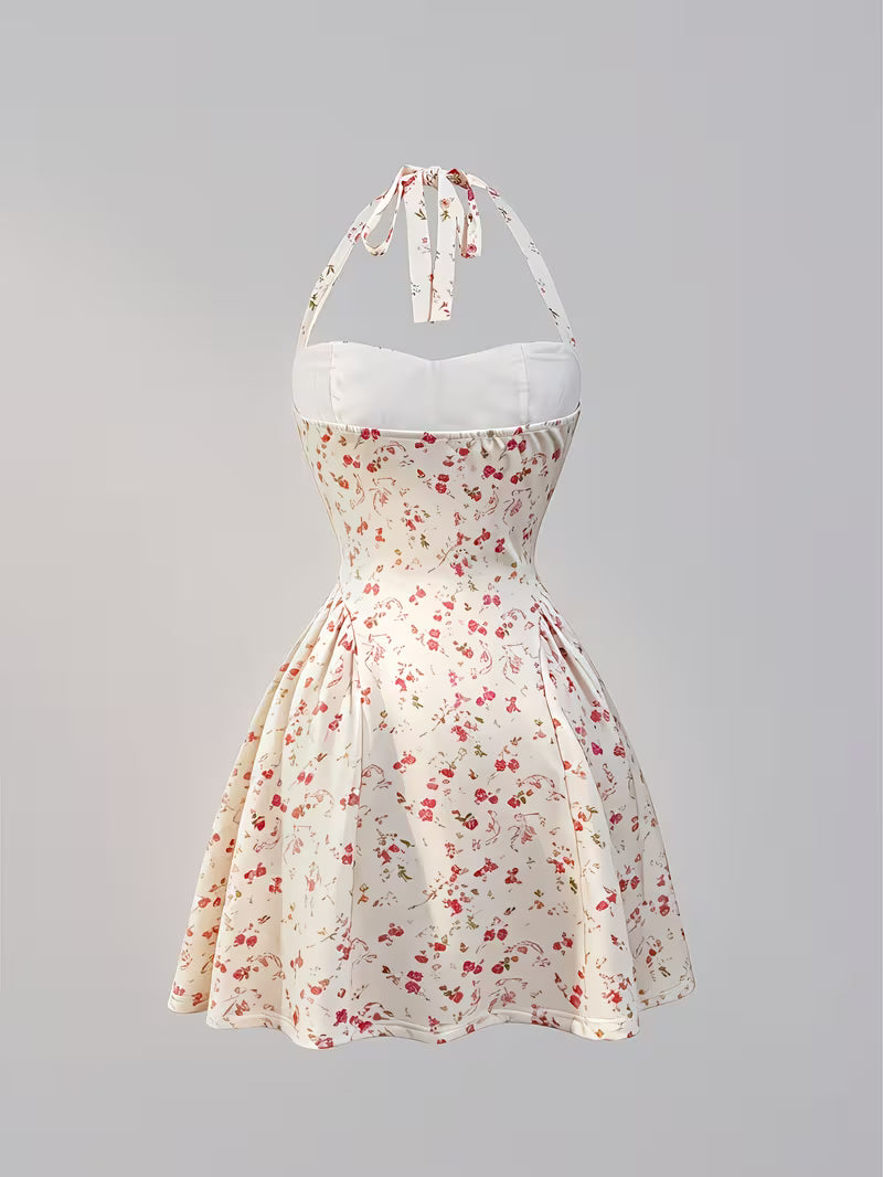 French Country Style Small Floral Halter Camisole Dress Women'S Waist-Cinching Flared A-Line Short Skirt Vacation Outing Sweet Dress Gentle Style White Base Pink Floral Halter Short Skirt Bandeau Ruched High-Waist Dress