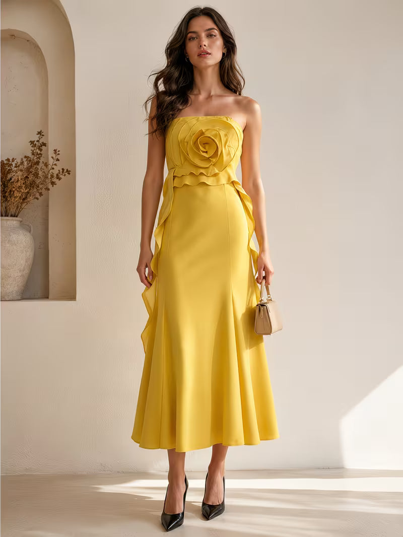 Women Strapless 3D Floral Decor Long Dress