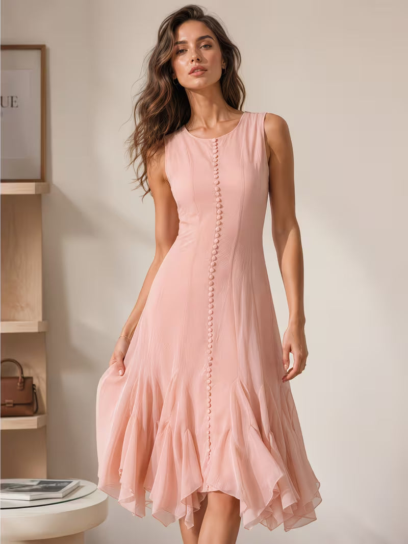 Women Sleeveless Round Neck Long Dress, Ruffle Mermaid Hem Slim Fit Dress