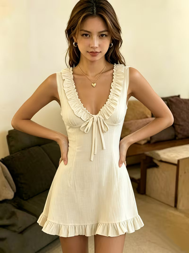 Gentle Lotus Leaf Trim Waist A-Line Skirt Sleeveless V-Neck Tie Mini Dress