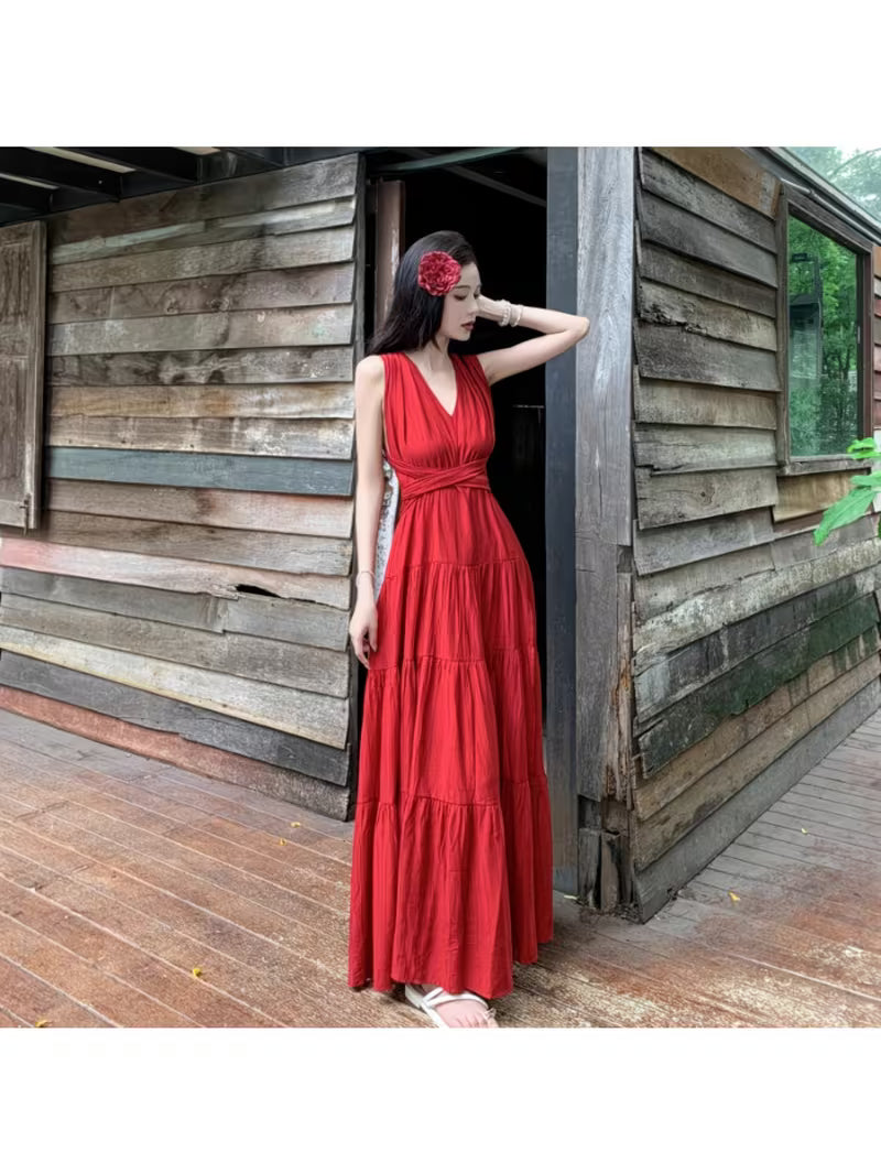 Women's Red Sleeveless Maxi Dress with Elastic Waist & Tiered A-Line Hem - Boho Bohemian Sundress Suitable for Beach Weddings, Vacations, Parties, Daily Wear, Machine Washable Long Dress
