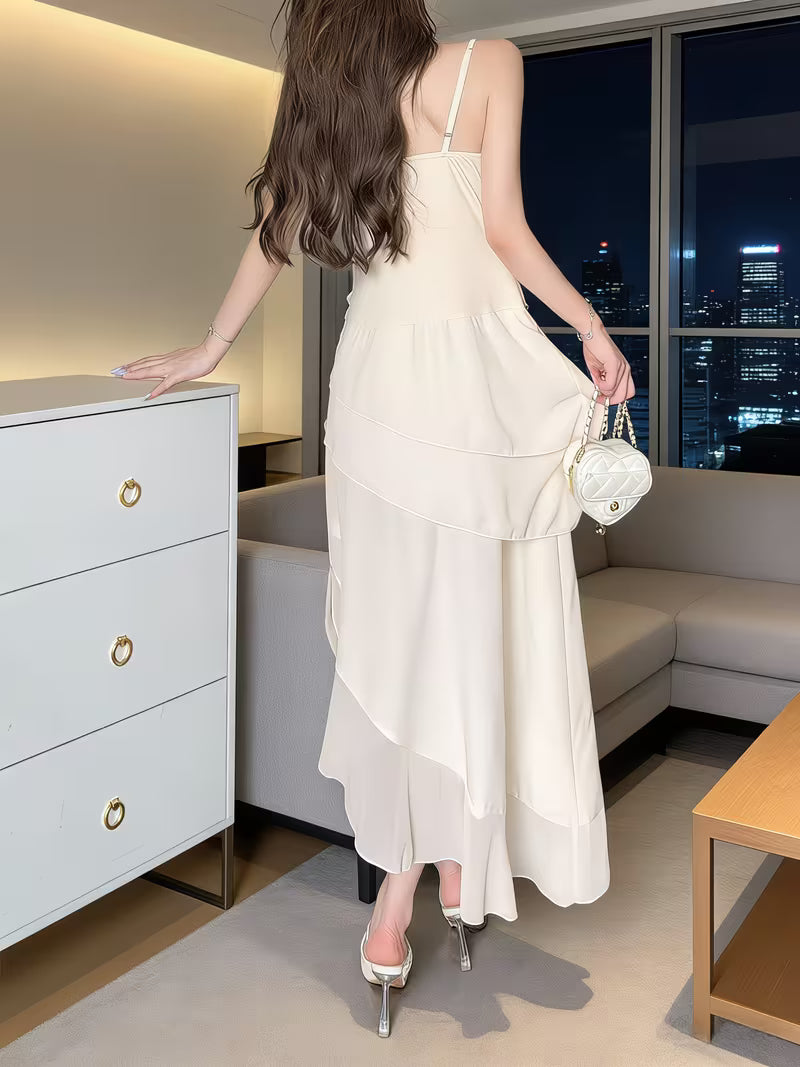 Women's Fashion Long Asymmetrical Dress - French-Style Ruffle Strap Mermaid Skirt