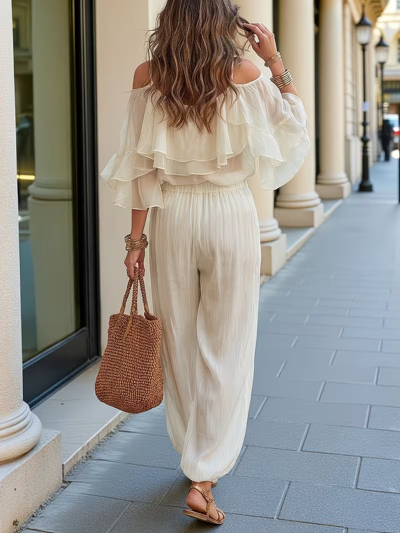 Layer Ruffle Cold Shoulder Top + Loose Cuffed Pants Women's Summer 2pcs Set | Soft Relaxed Style, Suitable for Vacation & Street Strolls