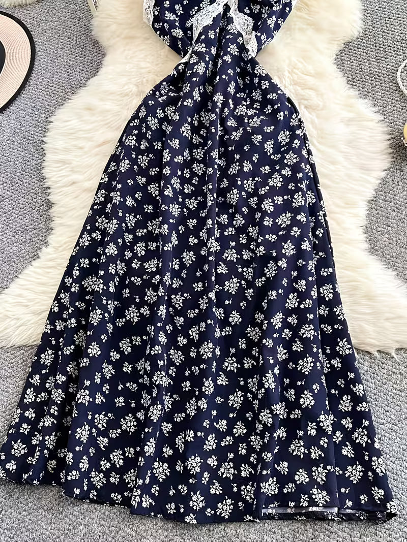 Lace Patchwork Floral Cami Dress Women'S Summer Beach Vacation Elegant Long Dress