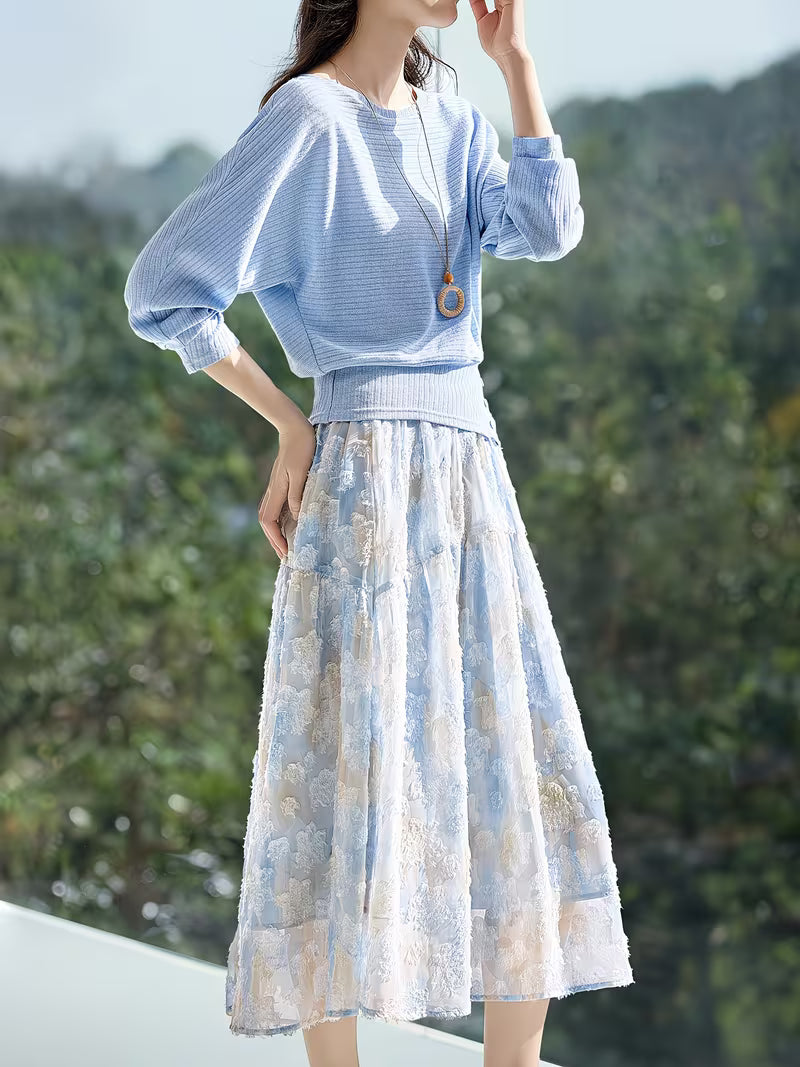 Women's New Style Skirt Set - Elegant and Sophisticated BATWING SLEEVE Loose Fit Slightly Waist-Defined Skirt with Necklace Hem Hazy Print Dress Set
