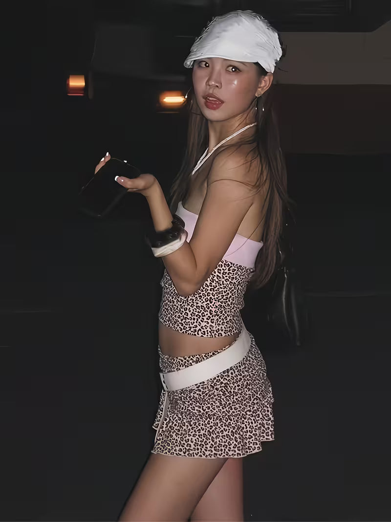 Summer New Sweet And Spicy Color-Blocking One-Shoulder Navel-Baring Tube Top Animal Print Short Skirt Two-Piece Set