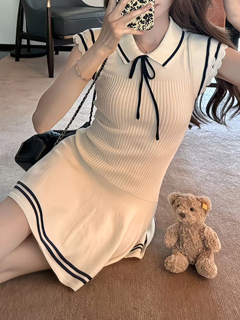 Preppy Nautical Style Small Flutter Sleeves Soft Tie-Dress Women'S Striped Short Skirt