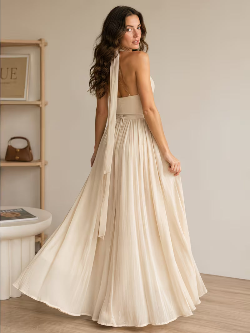 Women's Halter V-neck Sleeveless Maxi Dress High Waist Split Flowy Long Dress for Vacation Weekend Casual Daily Wear