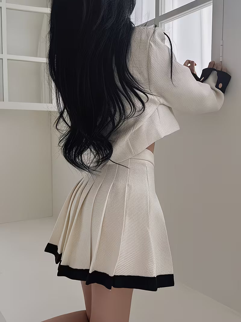 High-Waist Pleated Midi Skirt Two-Piece Set for Women with Elegant Charm