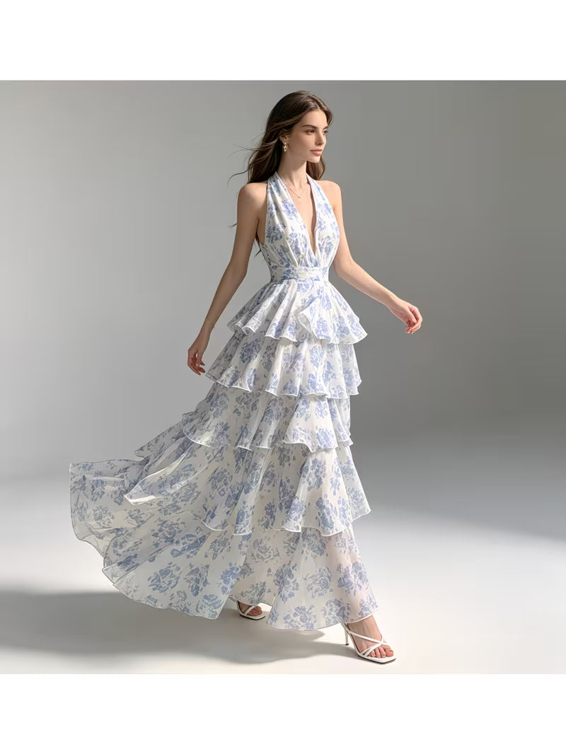 French Vintage Floral Print Maxi Dress for Women Summer Beach Vacation Cottagecore Elegant V Neck High Waist Tiered Ruffle Long Dresses