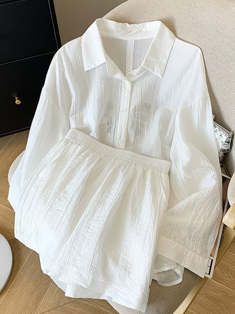 French-Style Fashion Summer Thin Butterfly Loose Long-Sleeve Sunscreen Shirt And Casual Shorts Two-Piece Set for Women