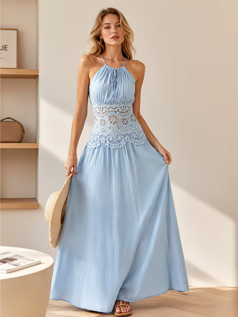 Women Halter Neck Embroidery Tie-Waist Long Dress, Vacation Essential
