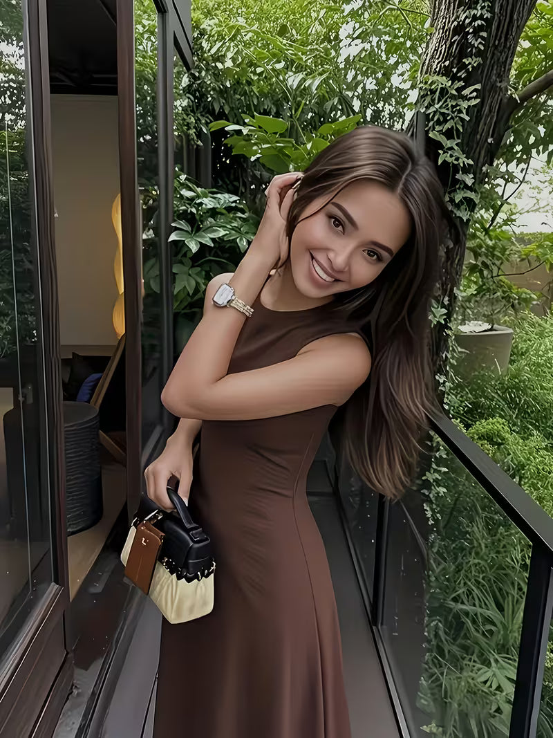 Women's Elegant Sleeveless Maxi Dress - Dressy to Casual, Dark Brown Machine Washable Dress for Vacation, Office, Party - Slim Fit for Everyday and Special Occasions