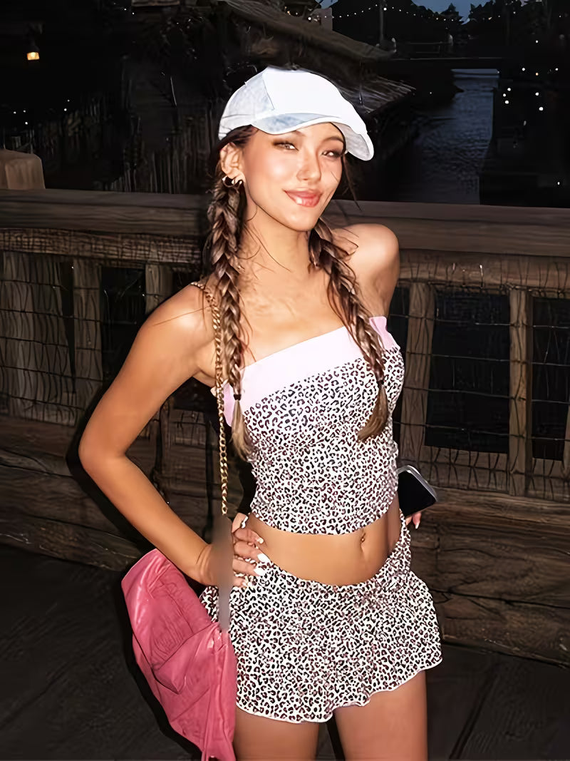 Summer New Sweet And Spicy Color-Blocking One-Shoulder Navel-Baring Tube Top Animal Print Short Skirt Two-Piece Set