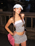 Summer New Sweet And Spicy Color-Blocking One-Shoulder Navel-Baring Tube Top Animal Print Short Skirt Two-Piece Set