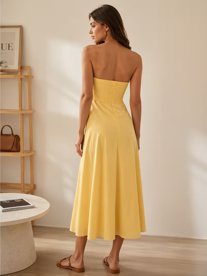 Women Strapless 3D Floral Decor Long Dress