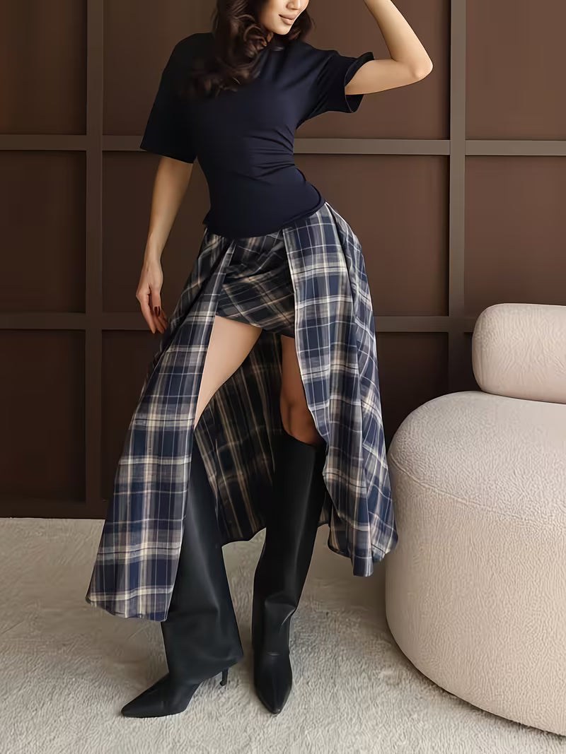 Women'S Two-Piece Set, Summer, Back Drawstring, Slim-Fit T-Shirt, Plaid Double-Layer Irregular Skirt Set, Women'S Elegant Two-Piece Set