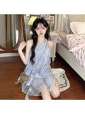 Neck Pearl Sleeveless Dress, Mesh Ruffle A-word Short Skirt, Loose Meat-covering Holiday Style
