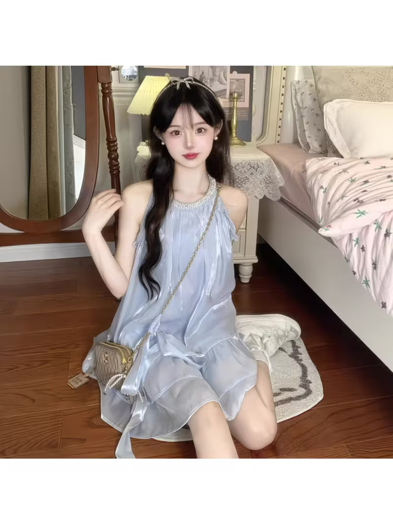 Neck Pearl Sleeveless Dress, Mesh Ruffle A-word Short Skirt, Loose Meat-covering Holiday Style