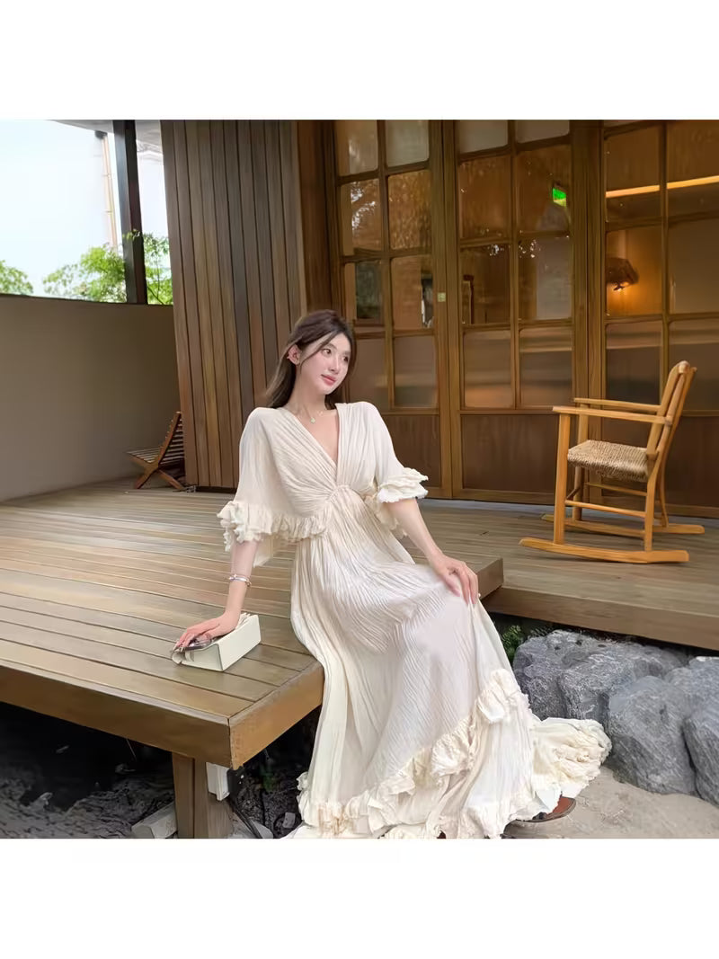 Women' French Style V-Neck -Line Maxi Dress