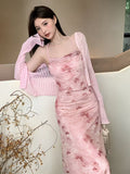 Pure And Sexy Pink Floral Spaghetti Strap Dress Women Summer Vacation Style Petite Waist-Cinching Stunning Bodycon Maxi Dress