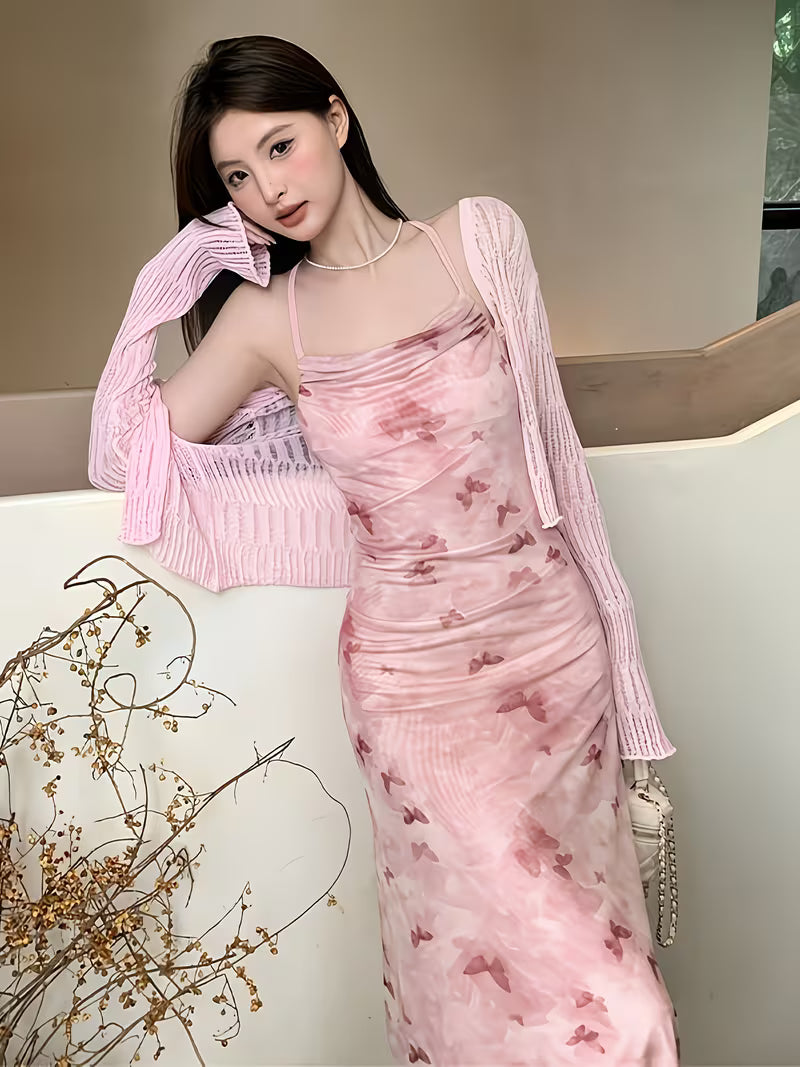 Pure And Sexy Pink Floral Spaghetti Strap Dress Women Summer Vacation Style Petite Waist-Cinching Stunning Bodycon Maxi Dress