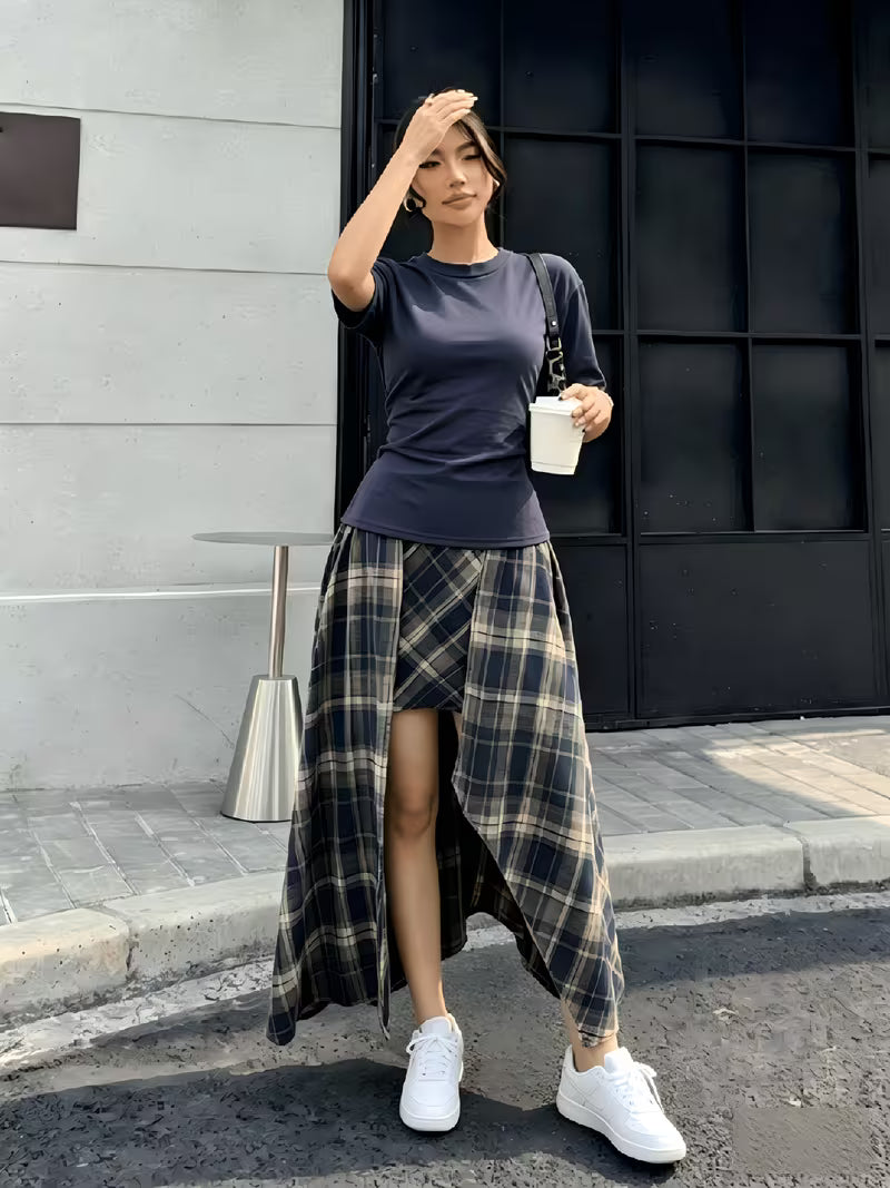 Women'S Two-Piece Set, Summer, Back Drawstring, Slim-Fit T-Shirt, Plaid Double-Layer Irregular Skirt Set, Women'S Elegant Two-Piece Set