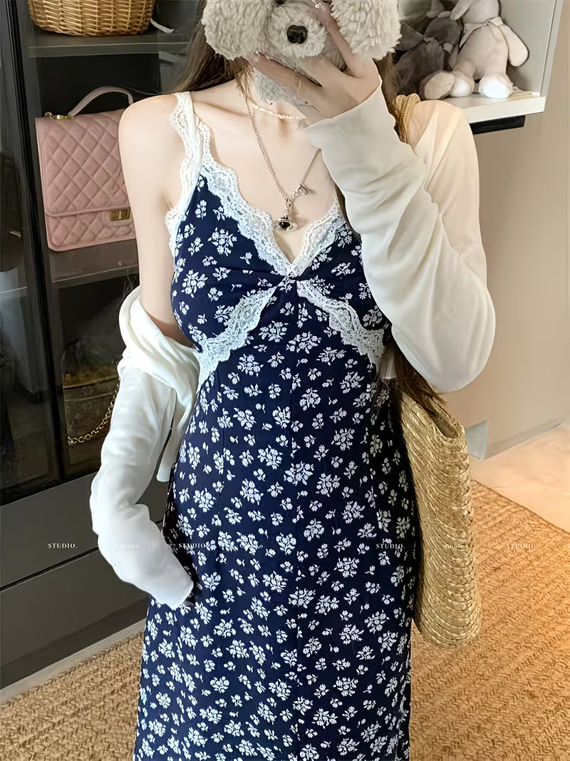 Lace Patchwork Floral Cami Dress Women'S Summer Beach Vacation Elegant Long Dress