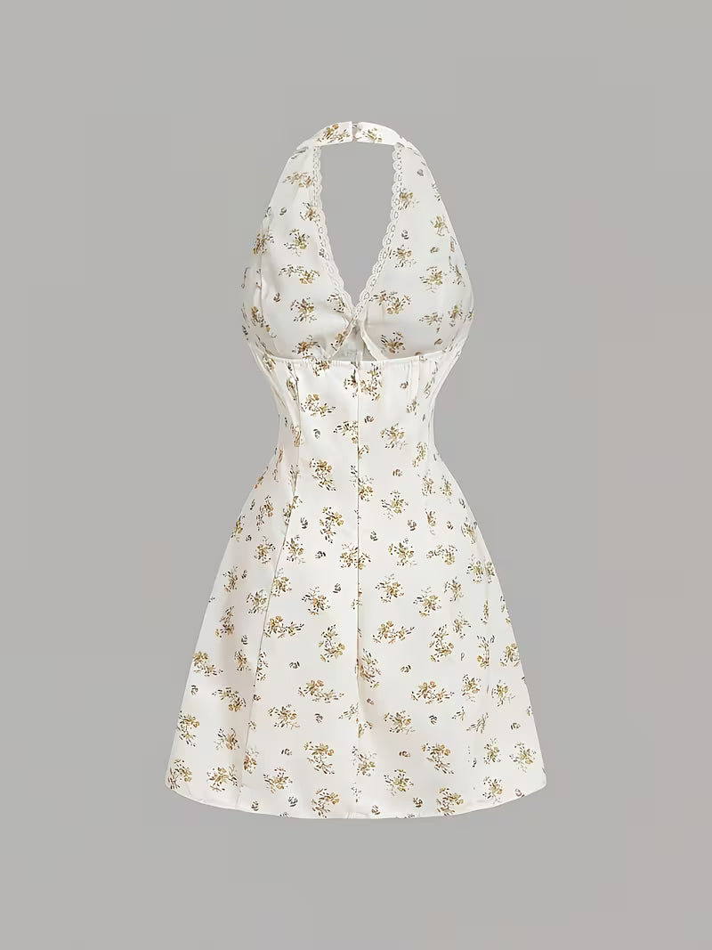 Button Embellished V-Neck Lace Patchwork Mini Floral Dress, French Gentle Style V-Neck Halter Off-Shoulder Design Floral Waist-Cinching Short Skirt