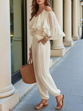 Layer Ruffle Cold Shoulder Top + Loose Cuffed Pants Women's Summer 2pcs Set | Soft Relaxed Style, Suitable for Vacation & Street Strolls