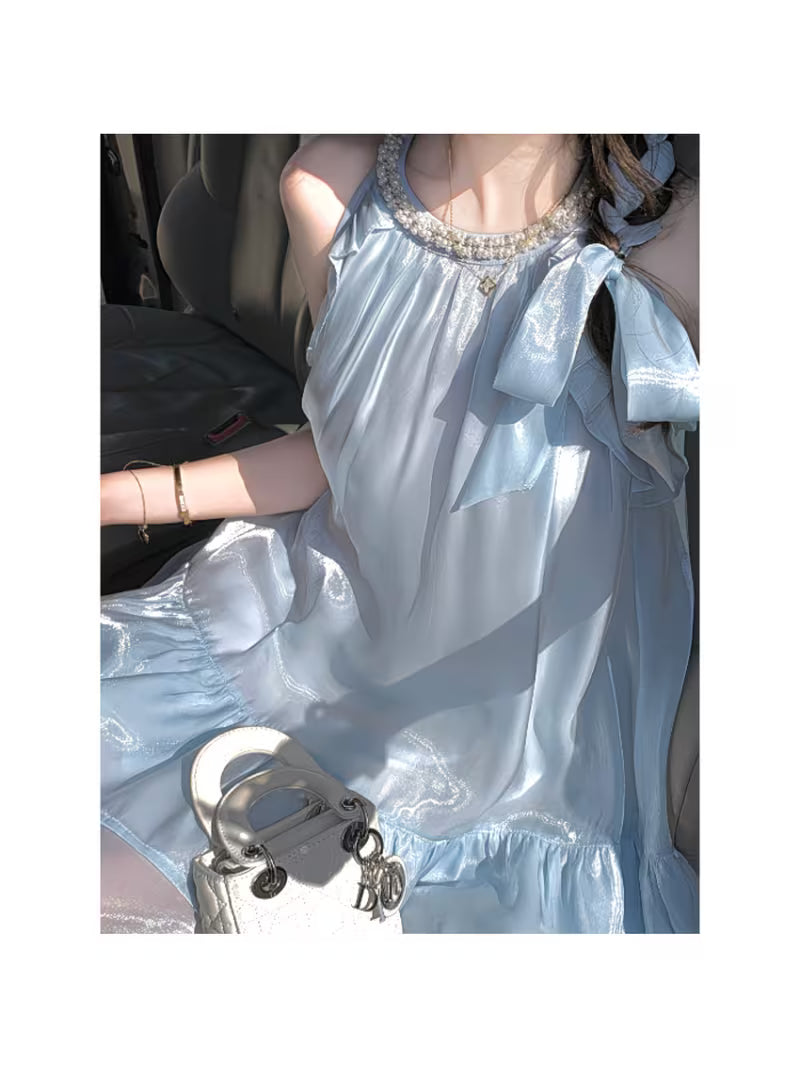 Neck Pearl Sleeveless Dress, Mesh Ruffle A-word Short Skirt, Loose Meat-covering Holiday Style