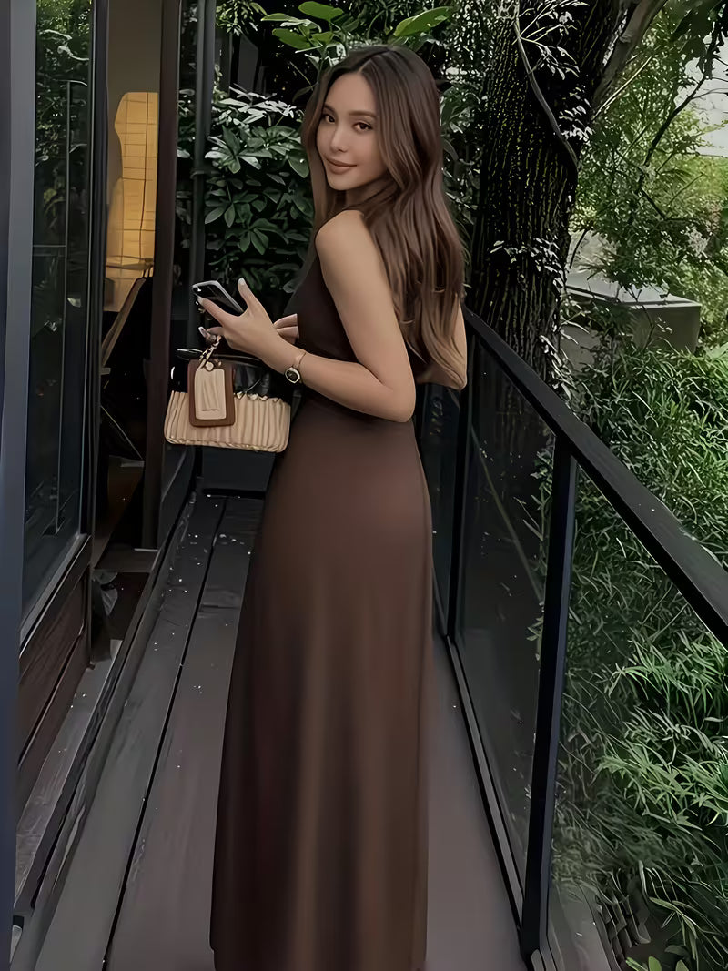 Women's Elegant Sleeveless Maxi Dress - Dressy to Casual, Dark Brown Machine Washable Dress for Vacation, Office, Party - Slim Fit for Everyday and Special Occasions